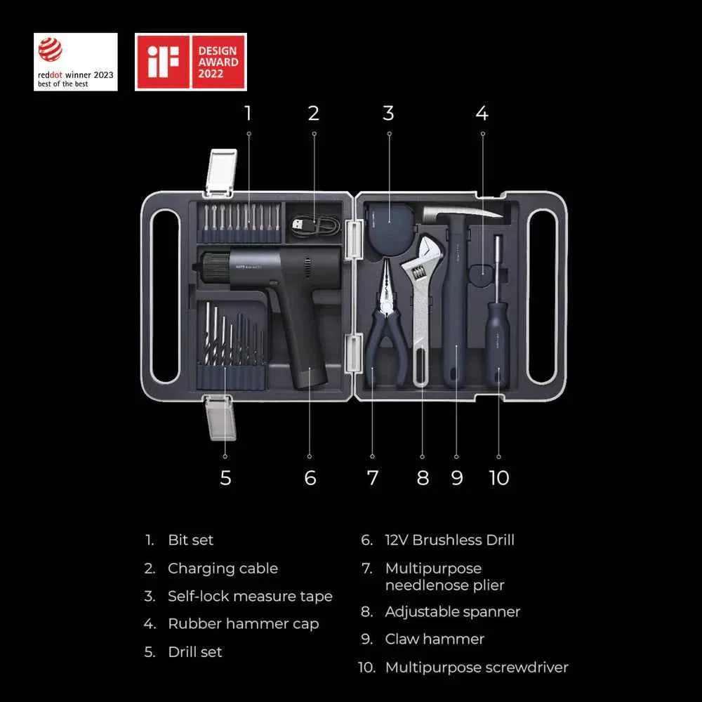 HOTO Brushless Drill Tool Kit, 12V Cordless Power Drill Tool Kit with LED Display, Includes Drill/10 Bits & 8 Drill Bits/Tape Measure/Plier/Spanner/Hammer/Screwdriver, Hidden Buckle Design(HTE0020EU / QWDZGJ001) - Image 9