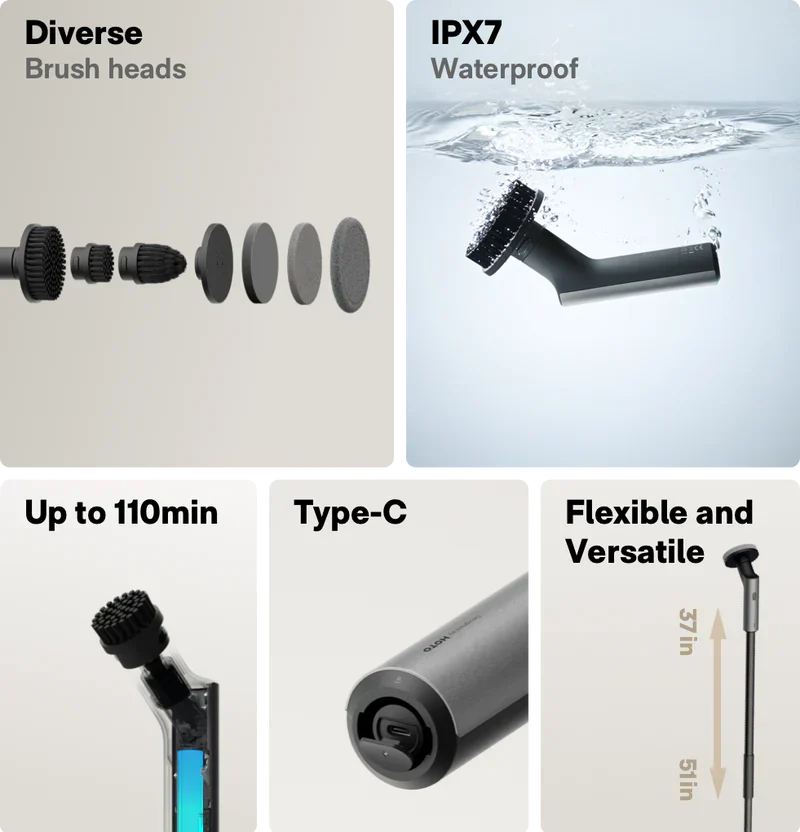 HOTO Electric Spin Scrubber – Cordless Long-Handle Cleaning Brush with 6 Replaceable Heads, IPX7 Waterproof, Up to 110 Min Runtime, for Bathroom, Floor, Tile & Kitchen(HFE0003GL / QWQJS001) - Image 11